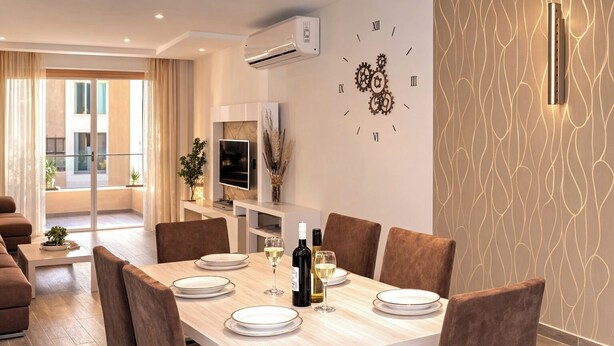 A modern dining area with a wooden table set for six, a wall-mounted clock, and a decorative wall panel.