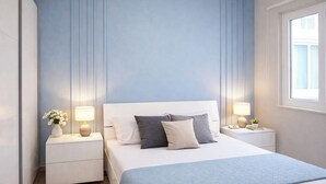A bedroom with a bed, two bedside tables, a nightstand, a window, and a wall with vertical lines.