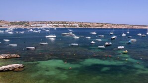 Una marina con numerosos barcos amarrados, agua cristalina y una costa lejana con edificios.