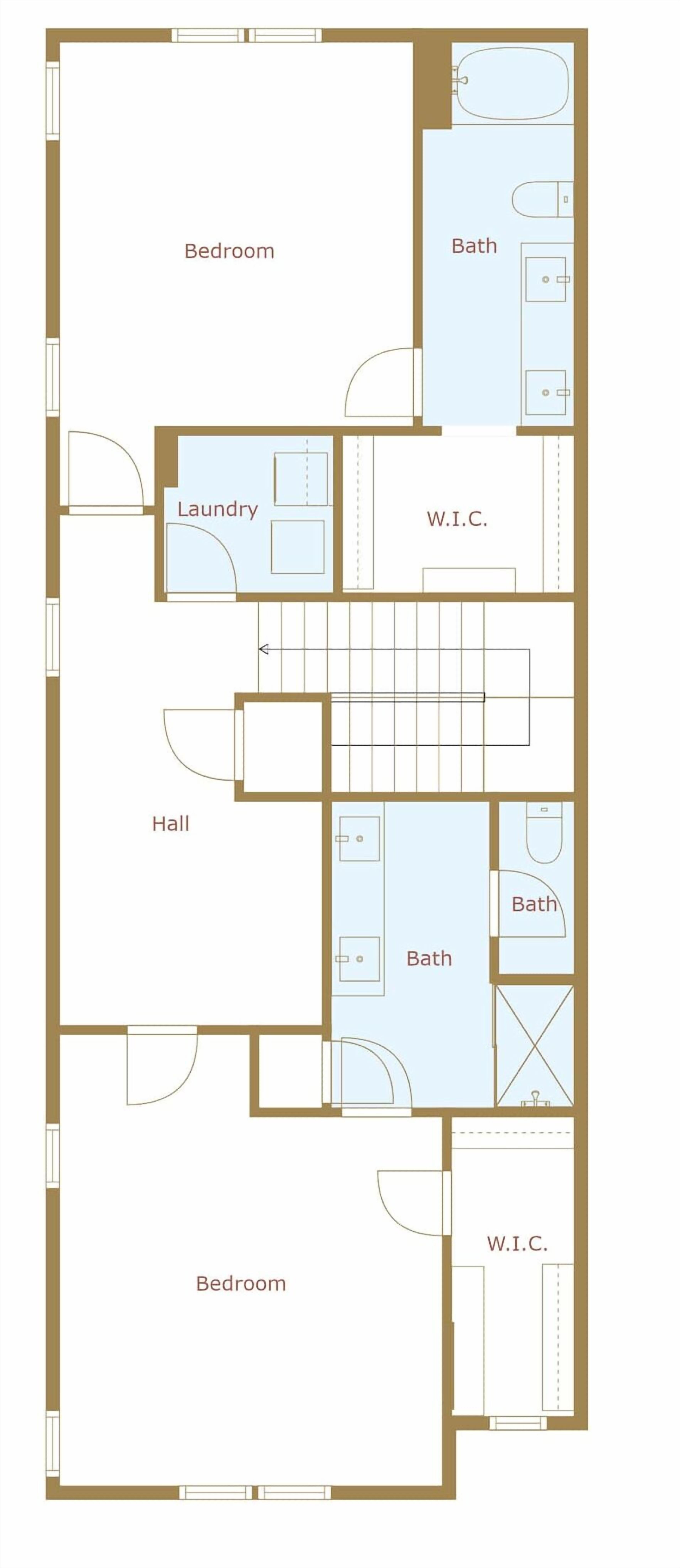 Plano de planta con dos dormitorios, dos baños, zona de lavandería, un aseo y un pasillo.