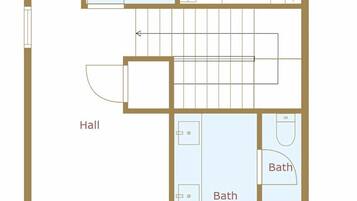 Plano de planta con dos dormitorios, dos baños, zona de lavandería, un aseo y un pasillo.