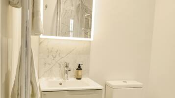 Shower, towels, toilet paper