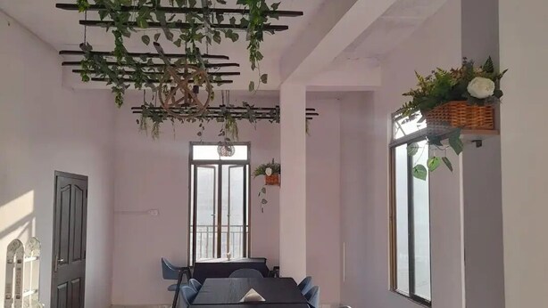 A conference room with a long table, blue chairs, and hanging plants. - THE LUSHAI INN (Aizawl)