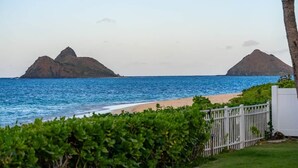 Une vue sur la côte, avec une plage, une clôture blanche et de la végétation.