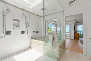 Shower, jetted bath, hair dryer, bidet