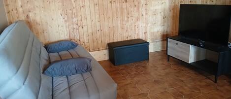 A room with a sofa, a television, and a cabinet.