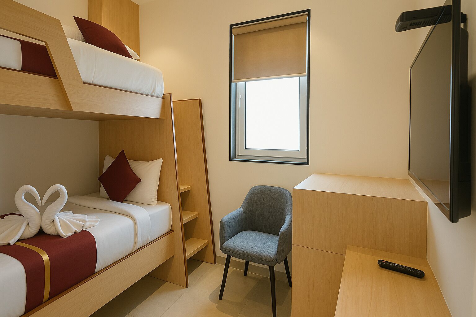 Una habitación de hotel pequeña con una cama litera, una silla individual, un escritorio y un televisor.