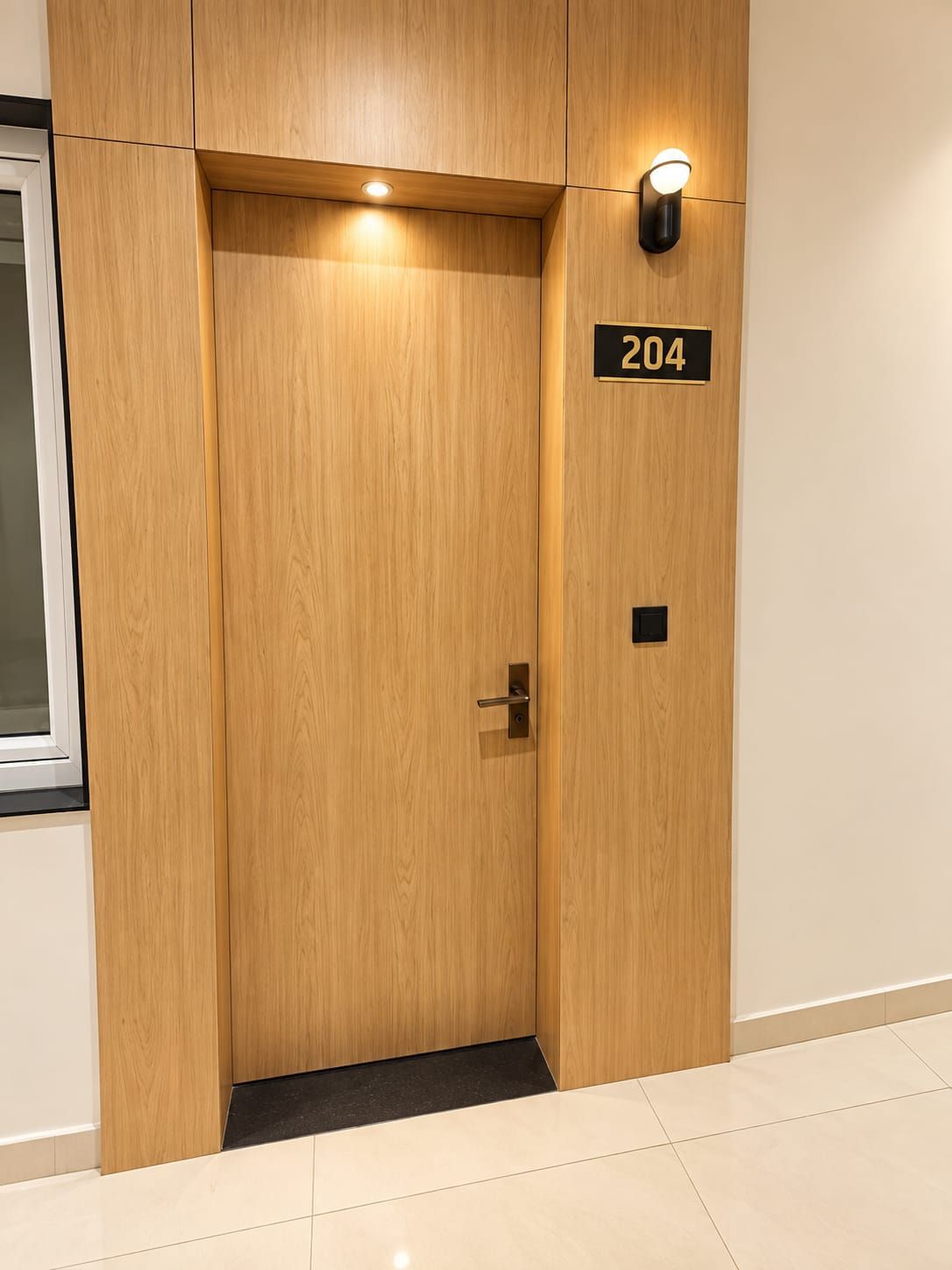A wooden elevator door with a number plate '204' and a light fixture above it.