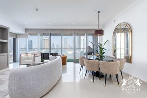 2-Bedroom Apartment with Panoramic Burj Khalifa and Fountain View | Living area | Flat-screen TV - Westminster Boulevard Point (Dubai)