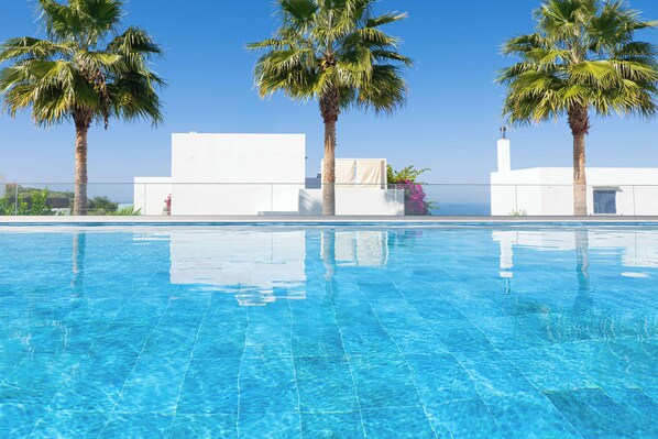 A clear swimming pool with three palm trees and a white building in the background.