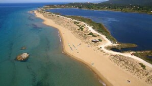 Une vue aérienne d’une plage aux eaux cristallines, avec un rivage sablonneux et quelques parasols dispersés.
