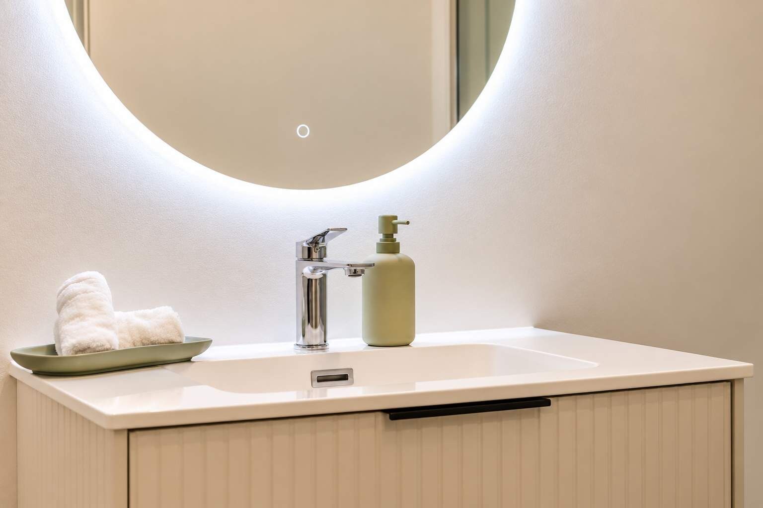 Un baño con un lavabo blanco, un espejo con luz circular y una toalla sobre una bandeja verde.