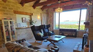 A cozy living room with a fireplace, a large window with a view, and a bookshelf. - 1BR Retreat Self-Contained & Private  - Waitaki (Lake Tekapo)