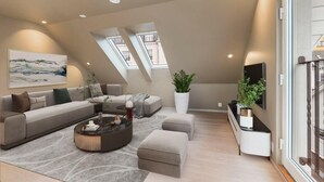 Una sala de estar moderna estilo loft con un sofá seccional, una mesa redonda de centro y un ventanal con tragaluces.