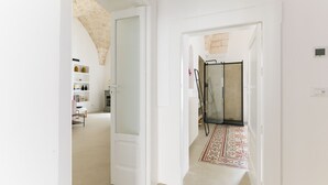 A hallway with a white door, a glass shower enclosure, and a patterned rug.
