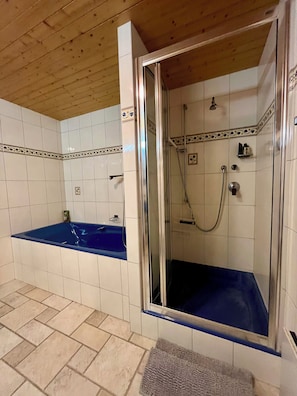 Regadera, secadora de cabello, bidet, papel de baño 