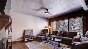 A cozy living room with a fireplace, wooden furniture, and large windows offering a view of snow-covered trees. - An202 Anaconda 2br 2ba 2 Bedroom Condo (Copper Mountain)