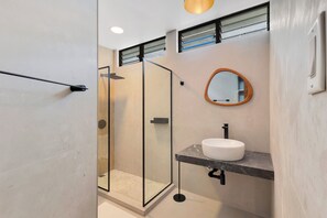 Hair dryer, towels, soap