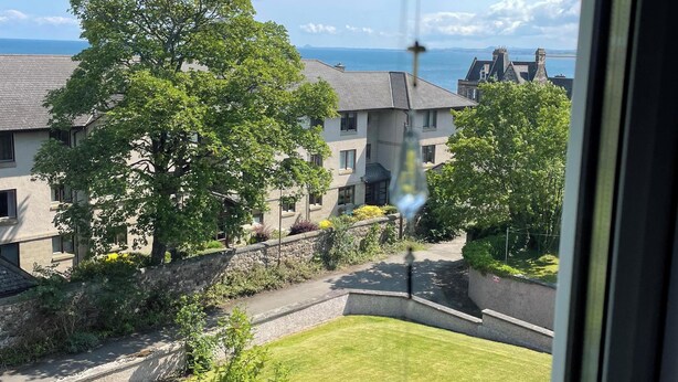 Vista dalla finestra su una zona residenziale con case, un albero e cielo sereno.