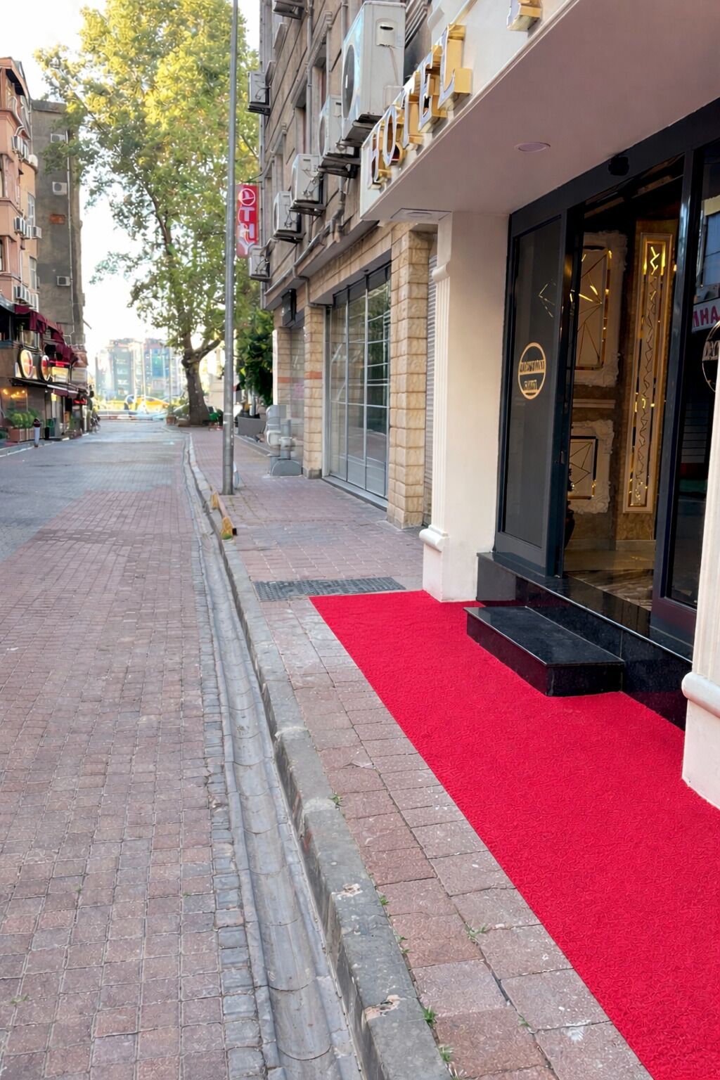 A hotel entrance with a red carpet, a glass door, and a sign indicating a no parking zone.