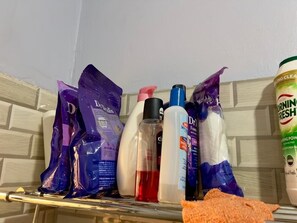 Douche, sèche-cheveux, serviettes fournies, savon