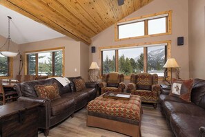 Fernseher, Kamin, Bücher, Stereoanlage