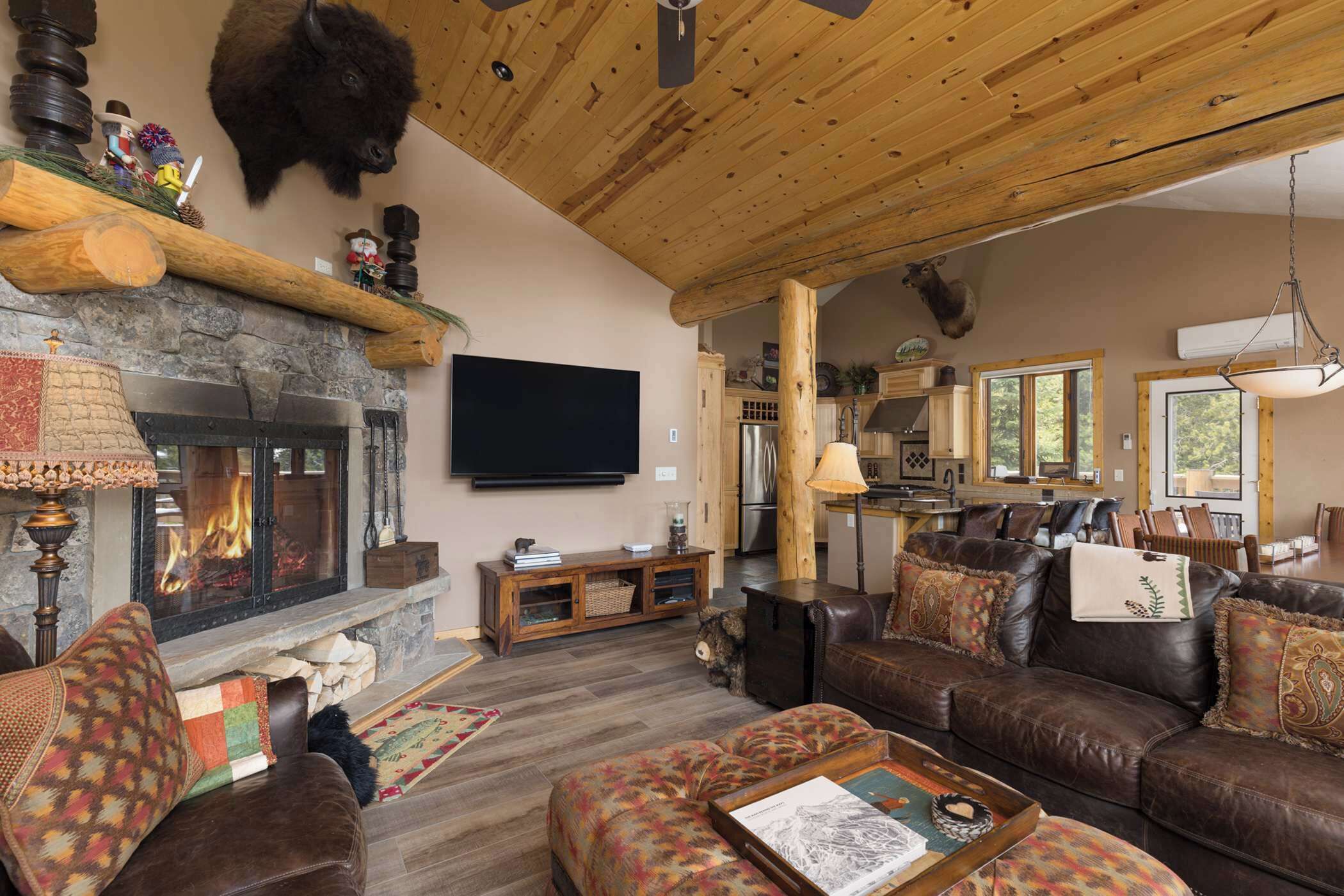 Fernseher, Kamin, Bücher, Stereoanlage