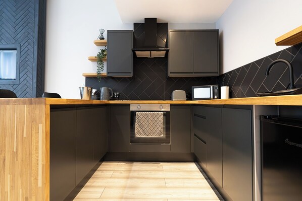 Fridge, microwave, oven, toaster