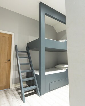 A bunk bed with a ladder, a wooden door, and a white wall.