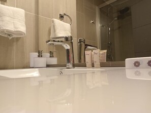 Shower, hair dryer, towels, shampoo