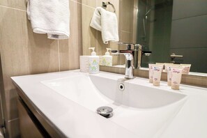 Shower, hair dryer, towels