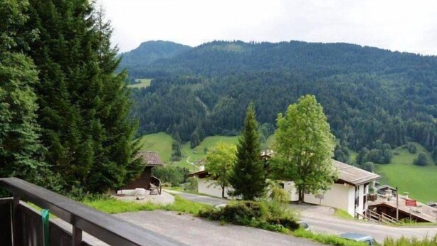 A rural road with a small building and a tree in the foreground, surrounded by green hills and a forested mountain in the background. - Ground floor, view village, balcony, tv, 22m², Le Grand Bornand (Le Grand-Bornand)