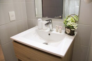 Shower, hair dryer, towels, shampoo