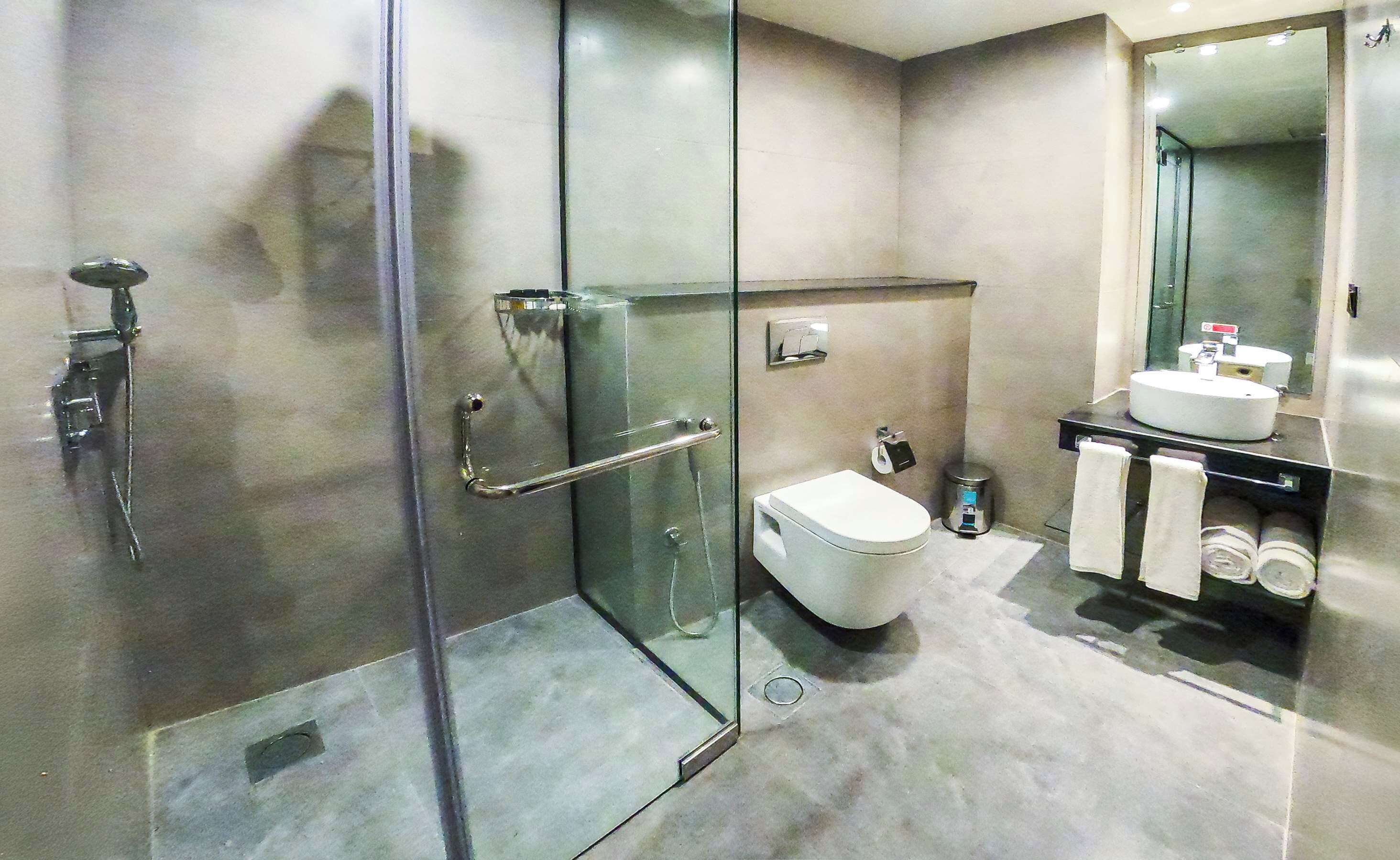 A modern bathroom with a glass shower enclosure, a toilet, and a sink with a mirror.