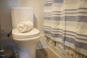 Ducha, secador de pelo, toallas, shampoo