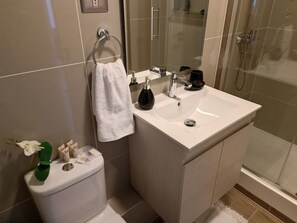 Douche, séchoir à cheveux, serviettes fournies