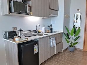 Fridge, microwave, oven, stovetop