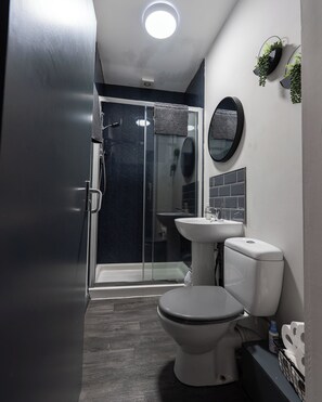 Ein modernes Badezimmer mit einer Duschkabine, einer Toilette und einem Waschbecken.