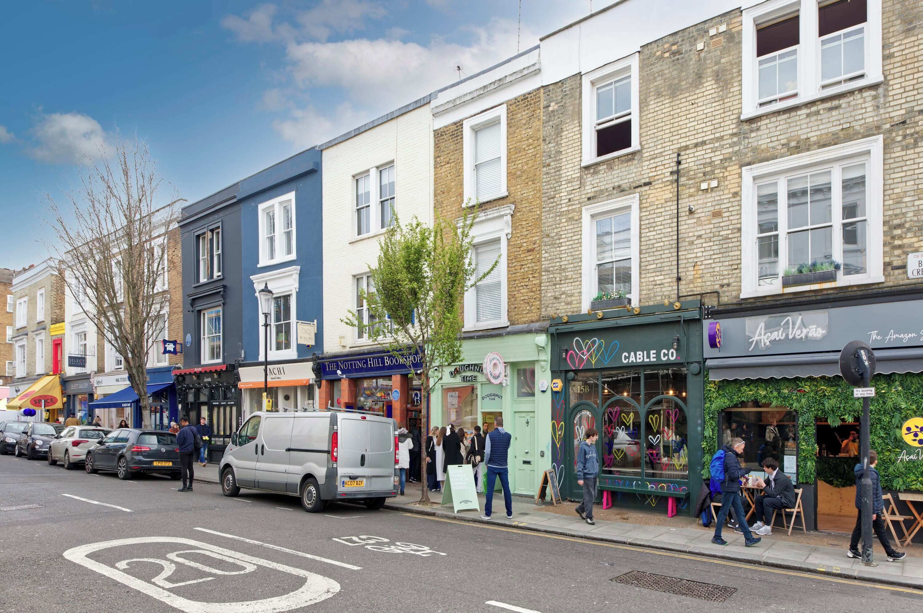 A street with shops, including a bookshop and a cafe.