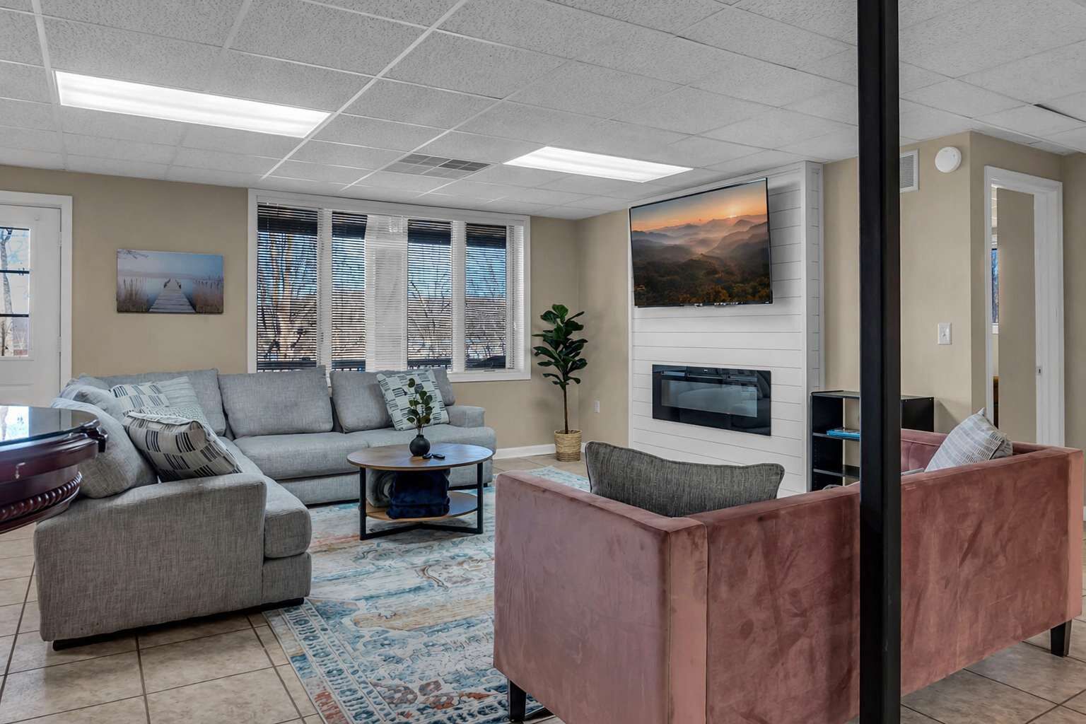 TV, fireplace, offices