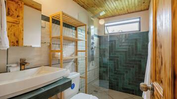 Shower, towels, soap, toilet paper