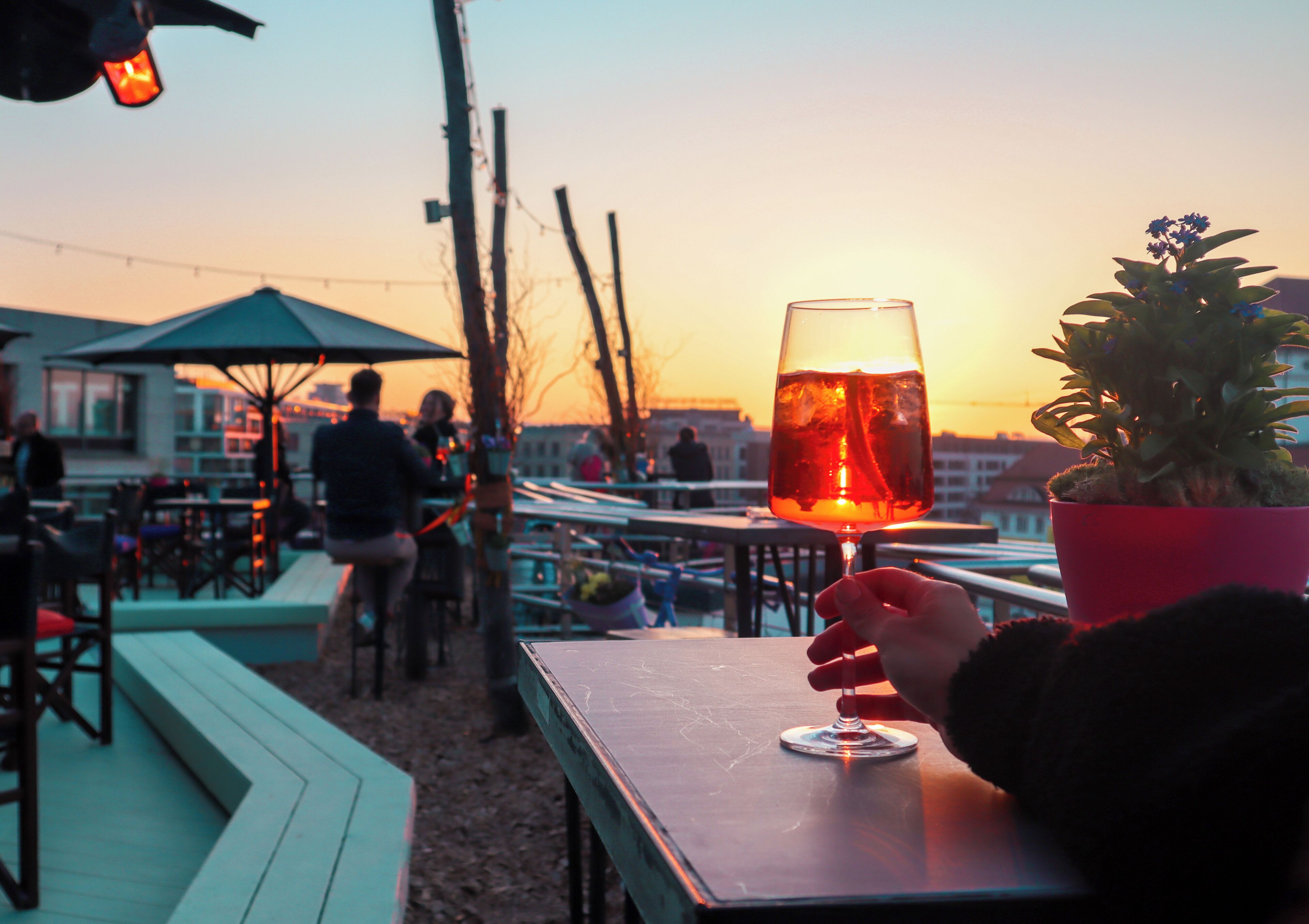 A sunset view with a glass of red wine on a table, a potted plant, and outdoor seating.