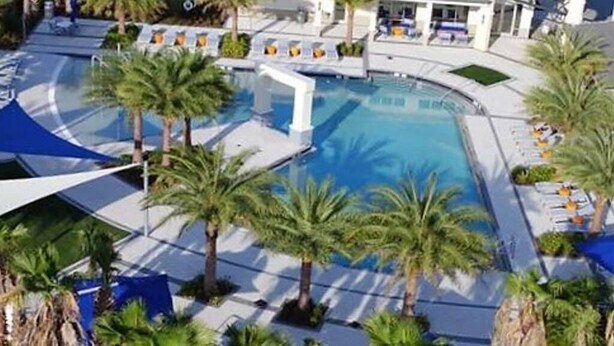 A pool area with palm trees, lounge chairs, and a building in the background.