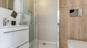 Regadera, secadora de cabello, toallas, jabón