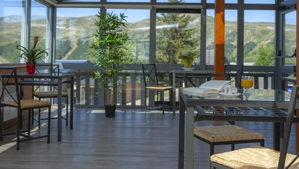 Un espace extérieur lumineux, aménagé pour les repas, avec des tables et des chaises en bois, une plante en pot et une vue sur la campagne.