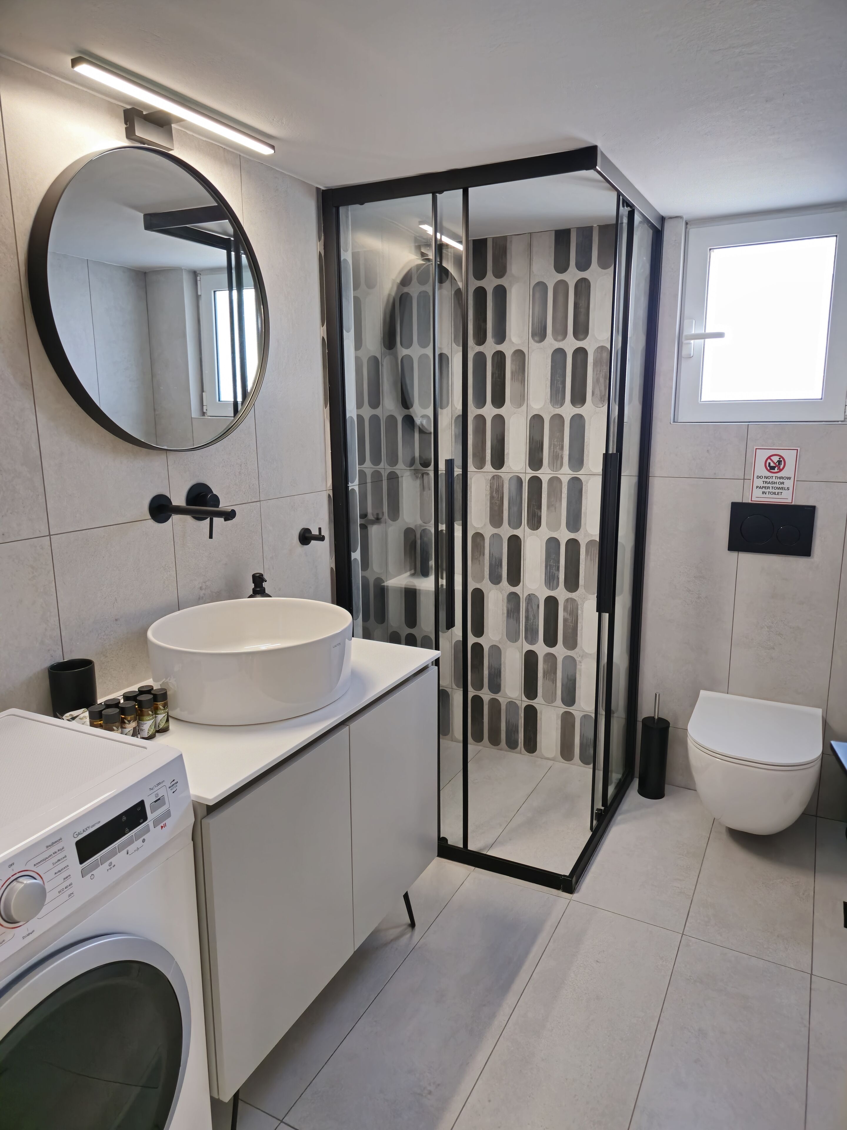 Hair dryer, towels, soap, toilet paper