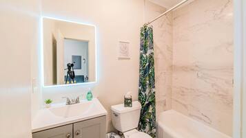 Hair dryer, towels, soap, toilet paper