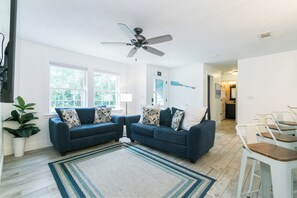 Smart TV, fireplace, books