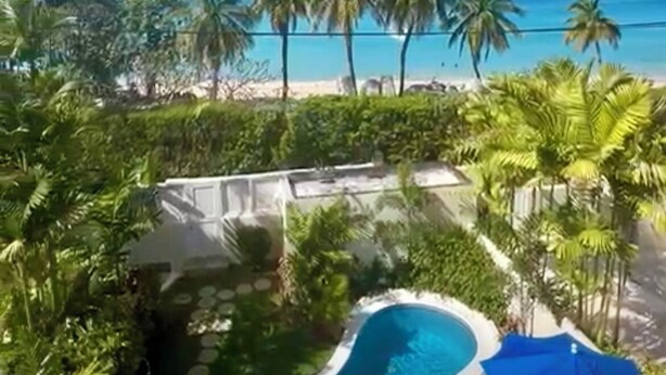 Zona de piscina con vista al océano y palmeras.
