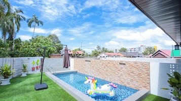 Outdoor pool, pool umbrellas, pool loungers